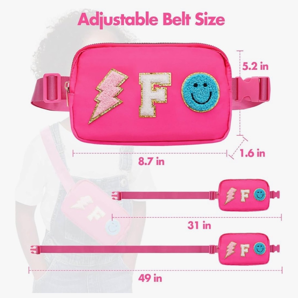 PINK Chenille F Initial Fanny Pack Preppy Girls Belt Bag - NEW in Package 💗✨🎀 - Picture 2 of 6